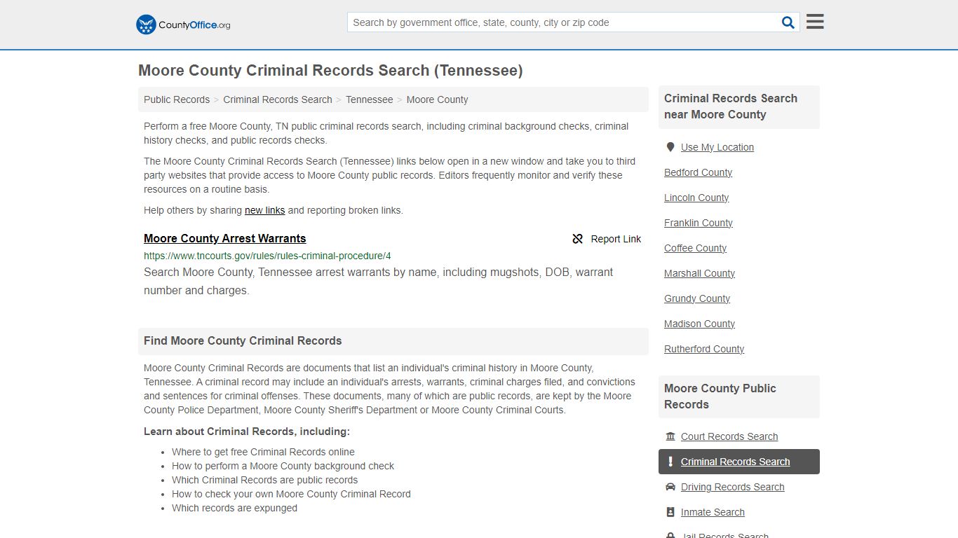 Moore County Criminal Records Search (Tennessee) - County Office